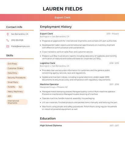 Export Clerk Resume