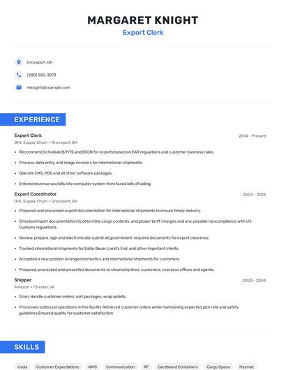 Export Clerk Resume