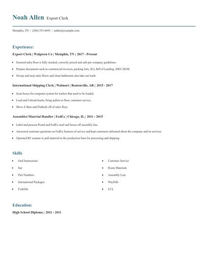 Export Clerk Resume