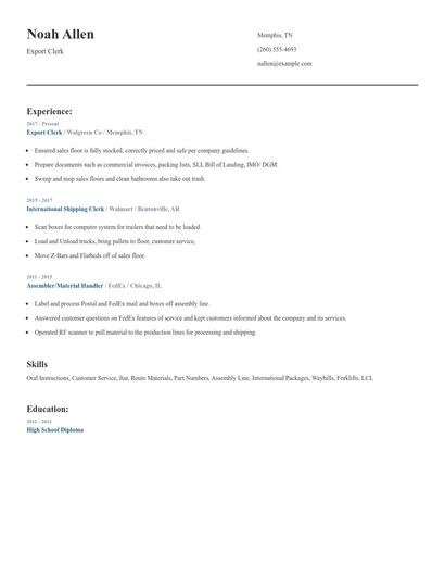 Export Clerk Resume