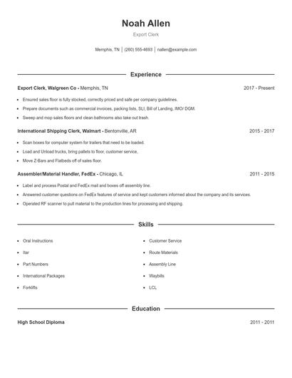 Export Clerk Resume