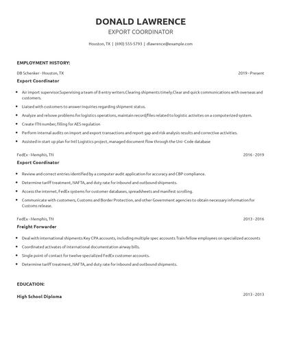 Export Coordinator Resume