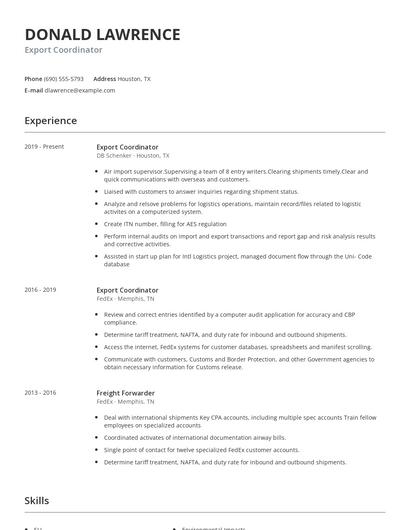 Export Coordinator Resume