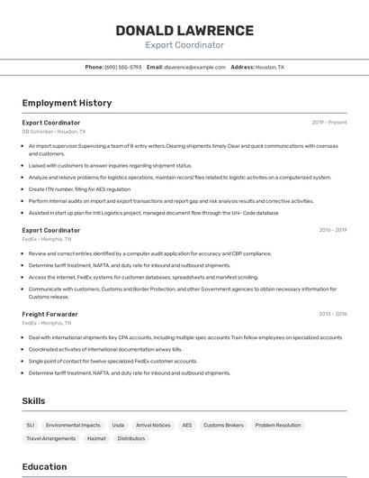 Export Coordinator Resume