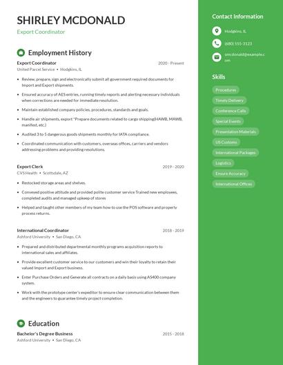 Export Coordinator Resume