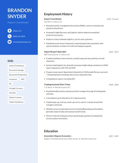 Export Coordinator Resume