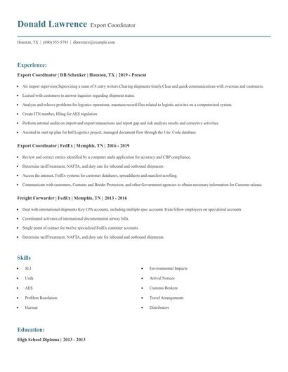 Export Coordinator Resume