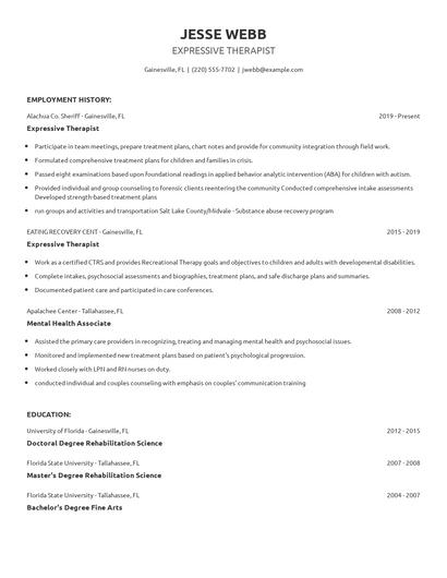 Expressive Therapist Resume