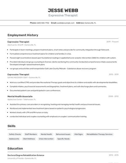 Expressive Therapist Resume