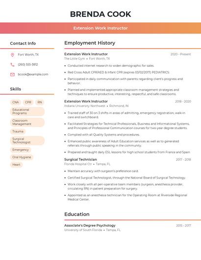 Extension Work Instructor Resume