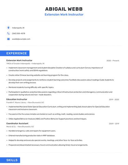 Extension Work Instructor Resume