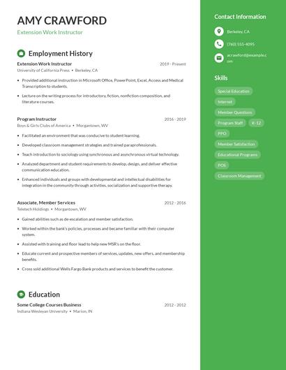 Extension Work Instructor Resume