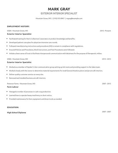 Exterior Interior Specialist Resume