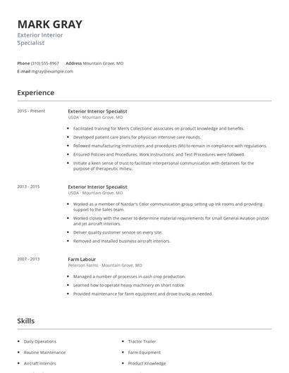 Exterior Interior Specialist Resume