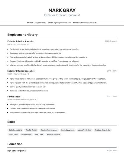 Exterior Interior Specialist Resume