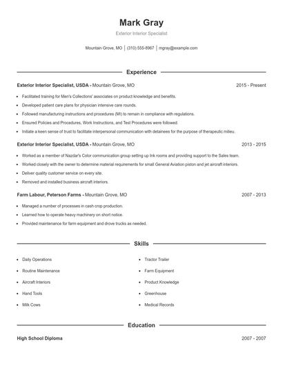 Exterior Interior Specialist Resume