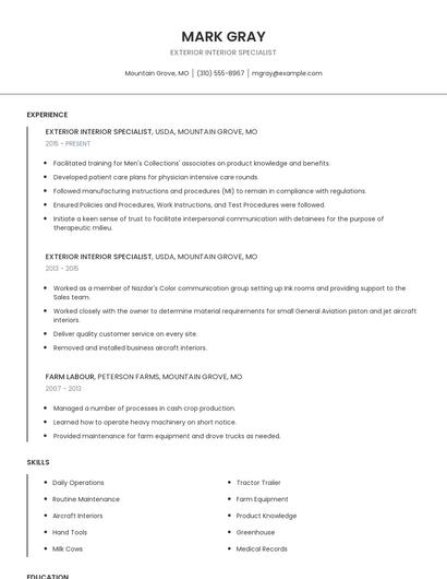 Exterior Interior Specialist Resume