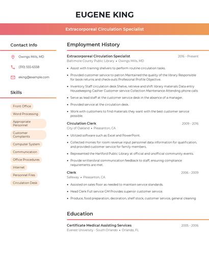 Extracorporeal Circulation Specialist Resume