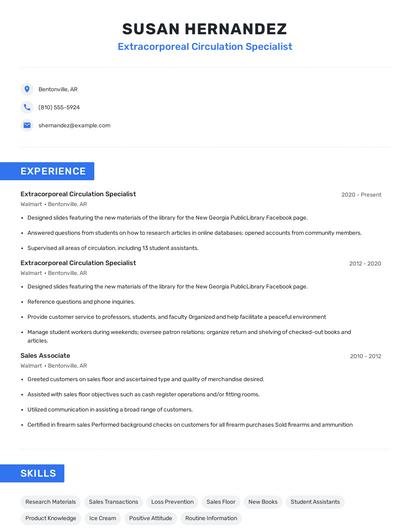 Extracorporeal Circulation Specialist Resume