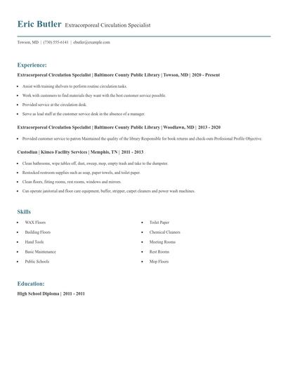 Extracorporeal Circulation Specialist Resume