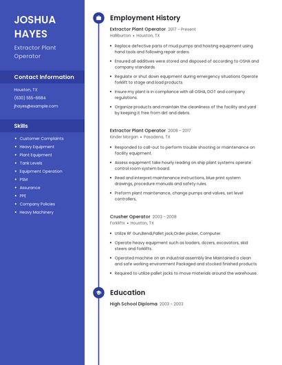 Extractor Plant Operator Resume