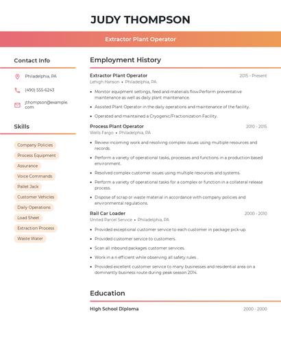 Extractor Plant Operator Resume