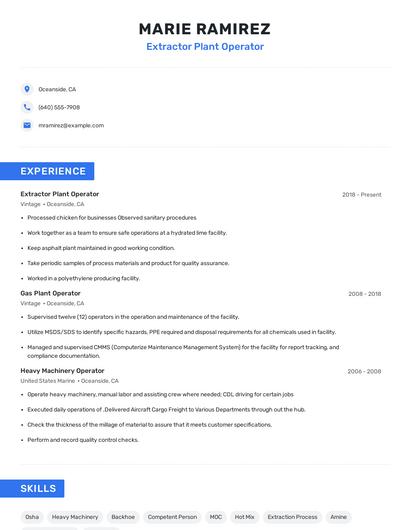 Extractor Plant Operator Resume