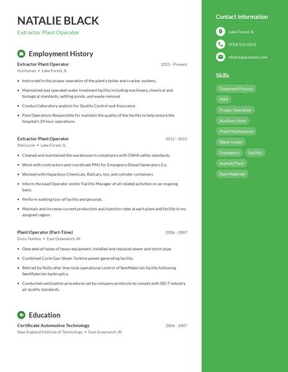 Extractor Plant Operator Resume