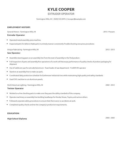 Extruder Operator Resume