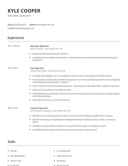 Extruder Operator Resume