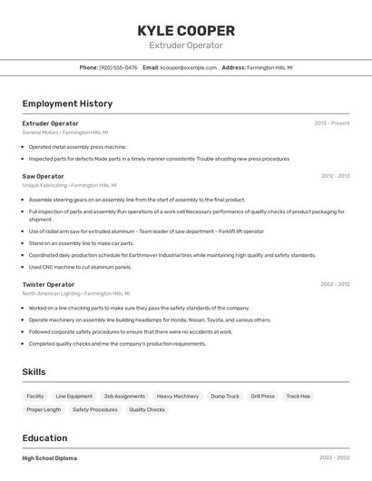 Extruder Operator Resume