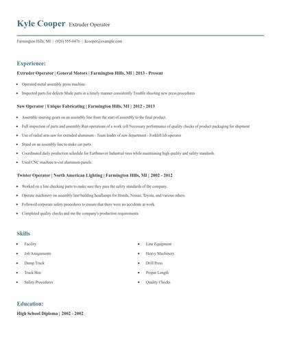 Extruder Operator Resume