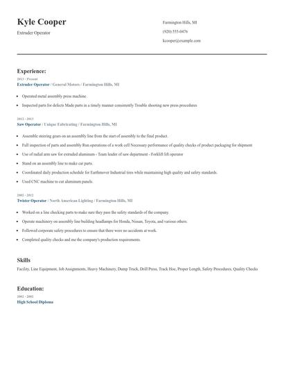 Extruder Operator Resume