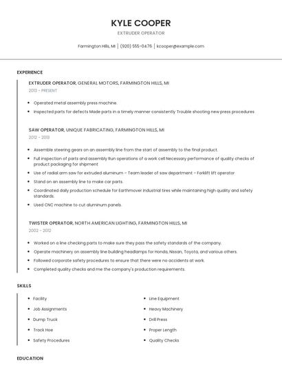 Extruder Operator Resume