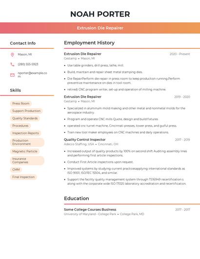 Extrusion Die Repairer Resume