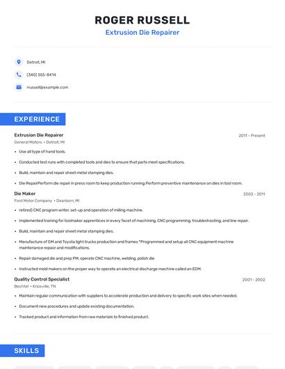 Extrusion Die Repairer Resume