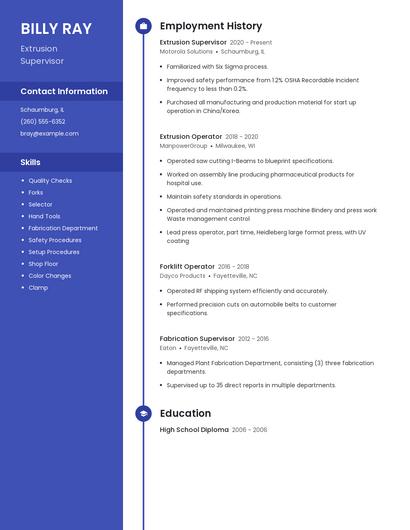 Extrusion Supervisor Resume