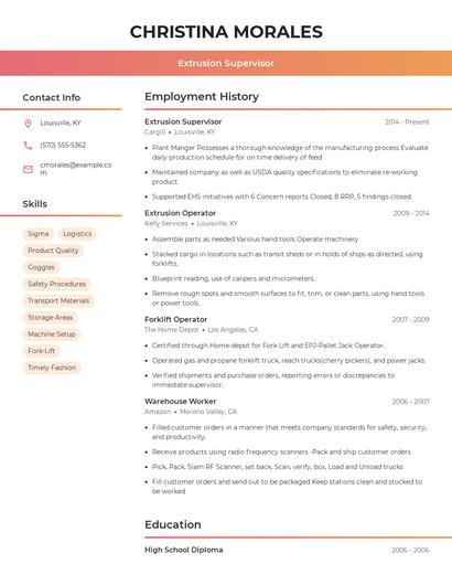 Extrusion Supervisor Resume