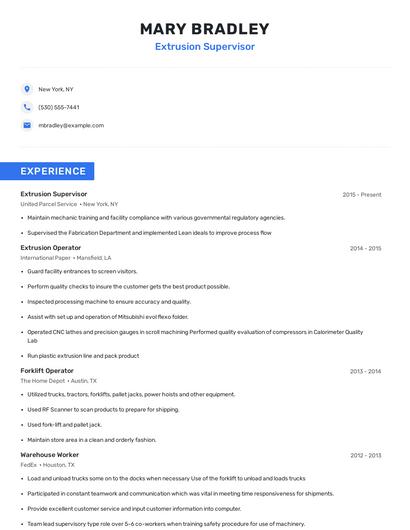 Extrusion Supervisor Resume