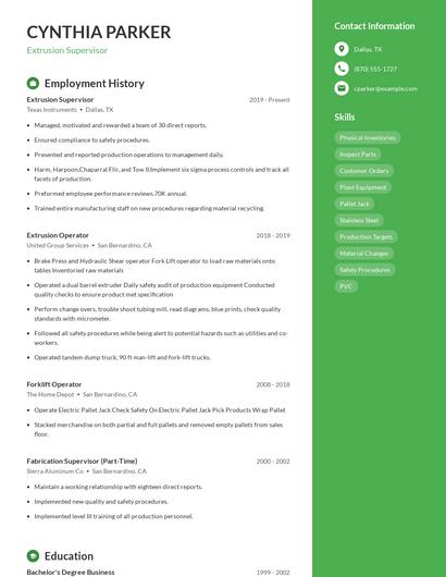 Extrusion Supervisor Resume