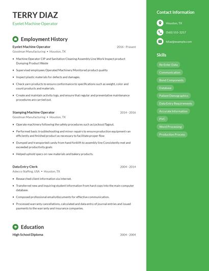 Eyelet Machine Operator Resume