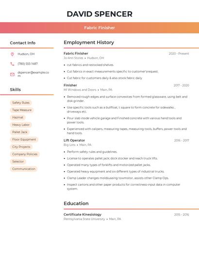 Fabric Finisher Resume