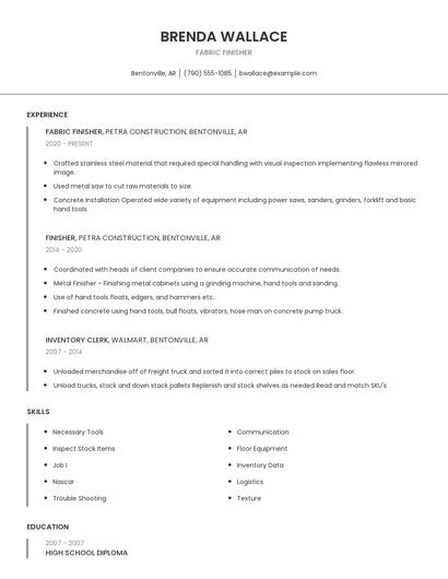 Fabric Finisher Resume