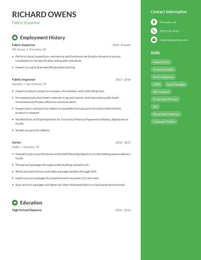 Fabric Inspector Resume