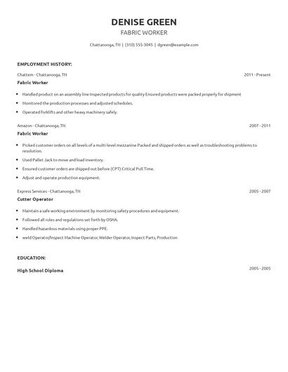 Fabric Worker Resume
