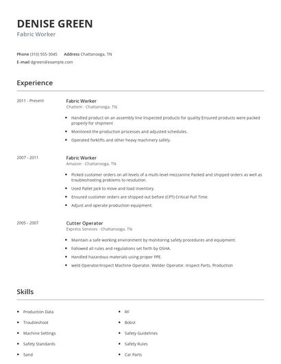 Fabric Worker Resume