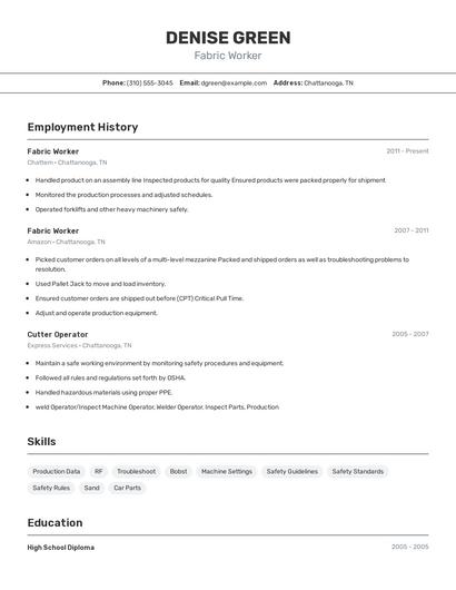 Fabric Worker Resume