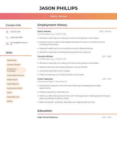 Fabric Worker Resume