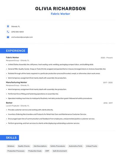 Fabric Worker Resume