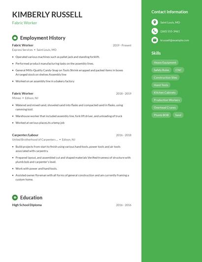 Fabric Worker Resume